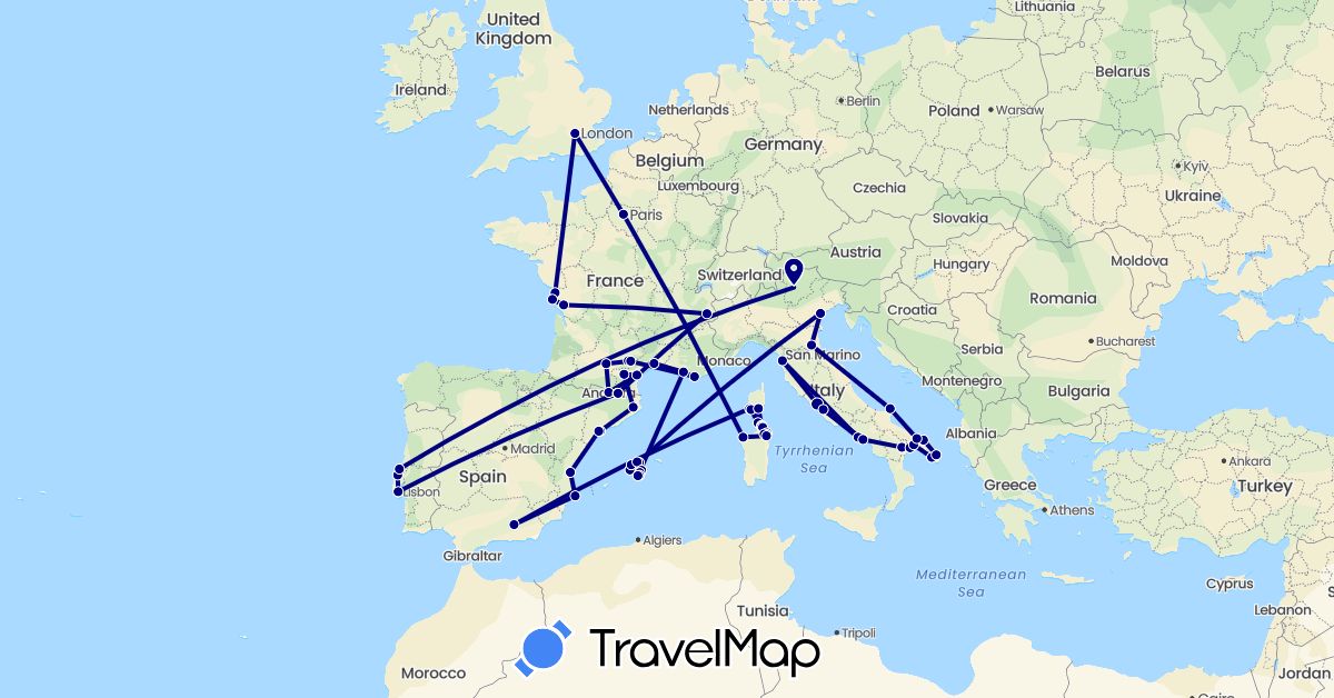 TravelMap itinerary: driving in Andorra, Spain, France, United Kingdom, Italy, Portugal (Europe)
